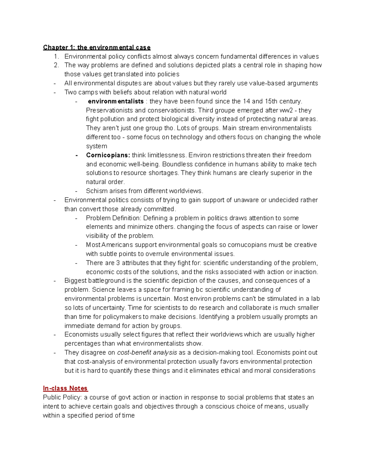 Week 1 notes policy - Chapter 1: the environmental case 1 ...