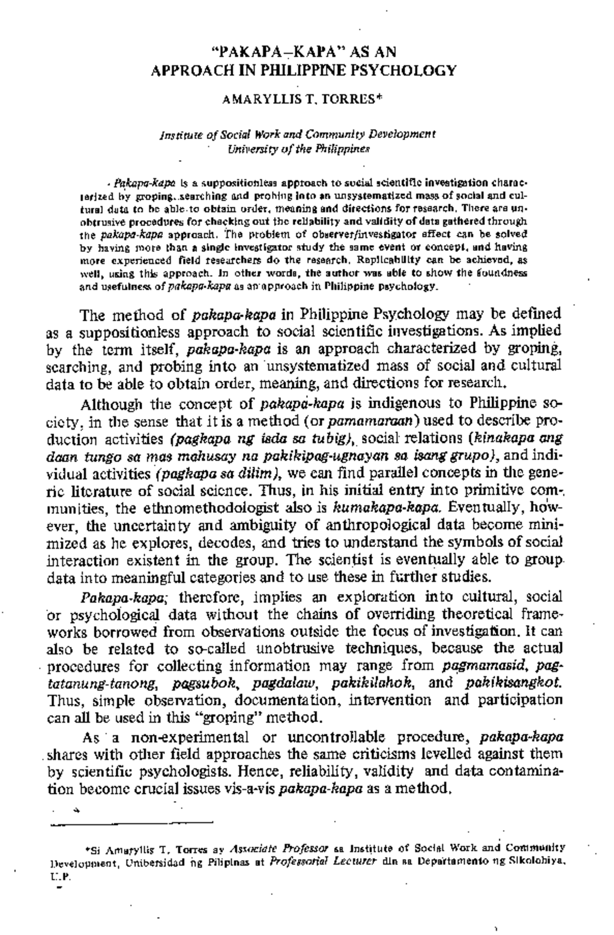 Pakapakapa as an Approach in Philippine Psychology Pakapa "PAKAPA