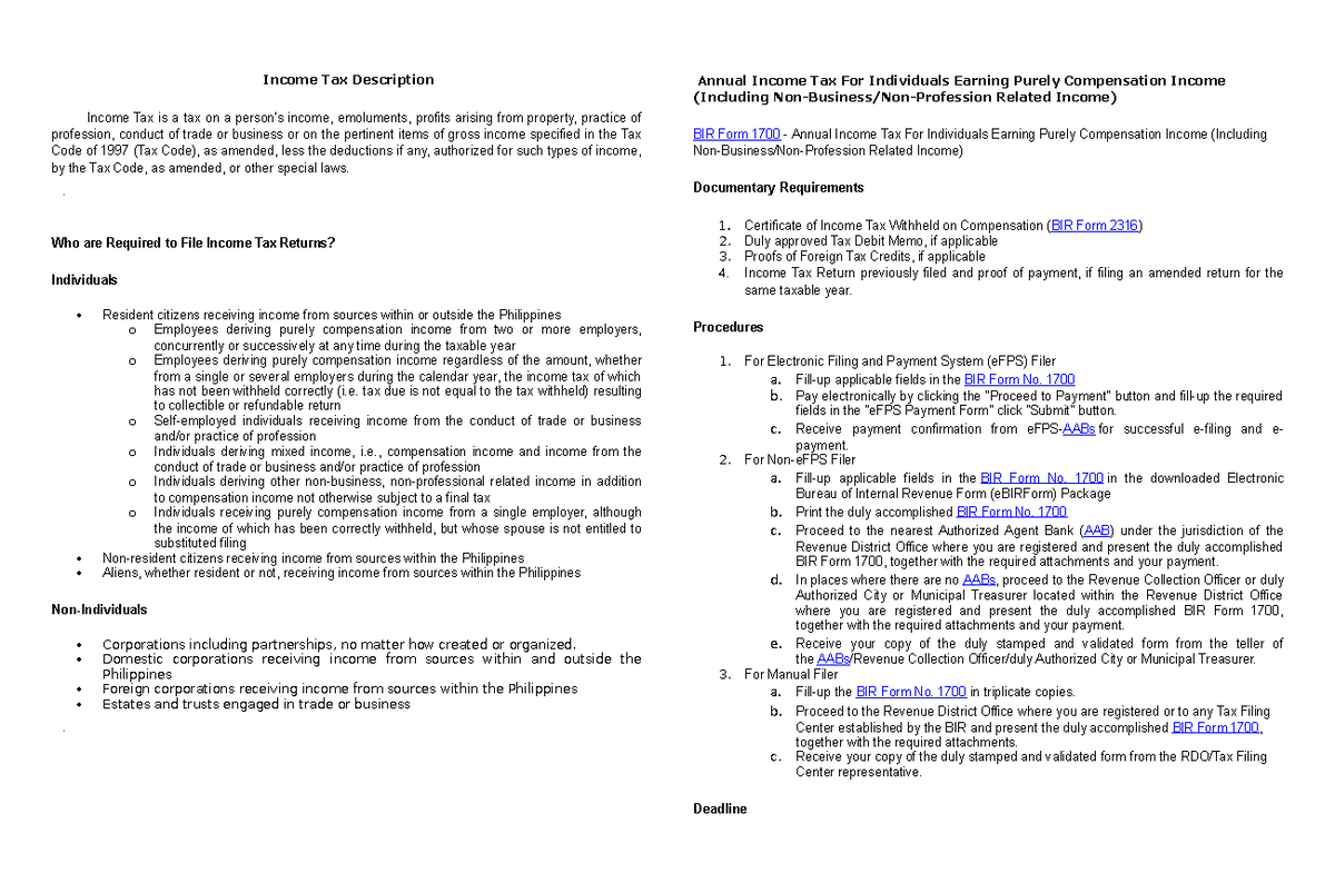 Tax Reviewer Train Law - Income Tax Description - Studocu