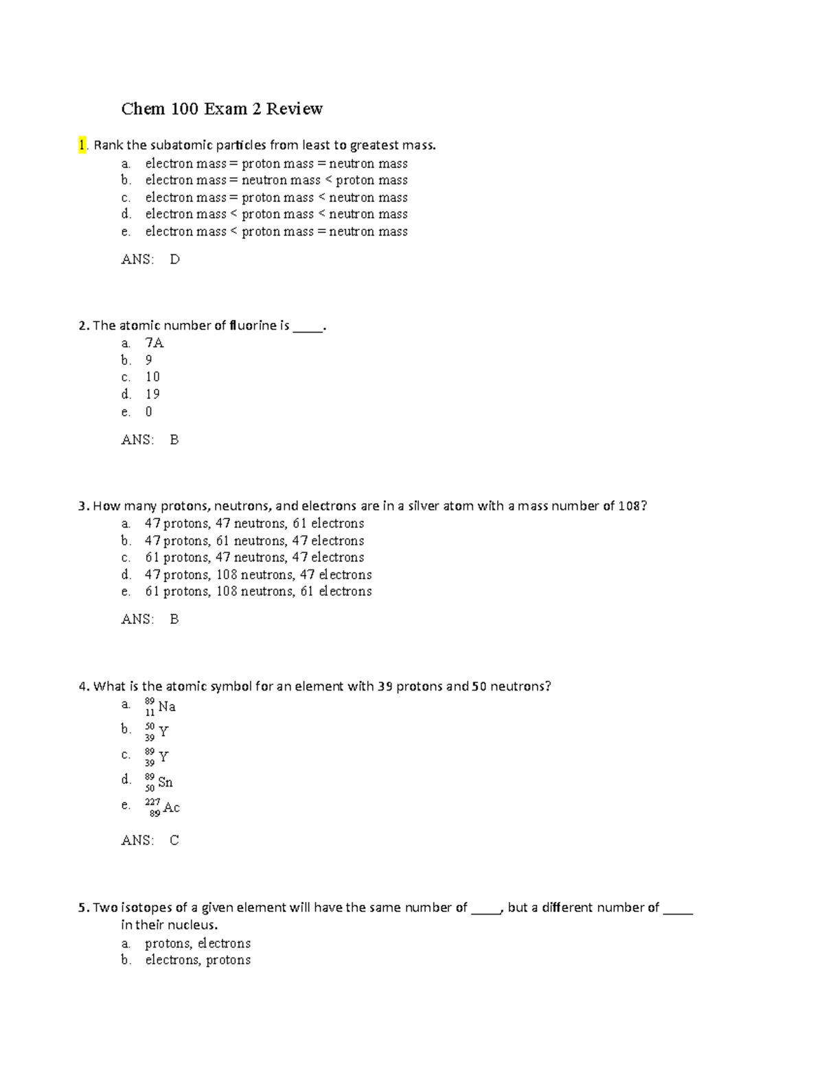 Chem 100 Exam 2 Review W Ans - Chem 100 Exam 2 Review 1. Rank The ...