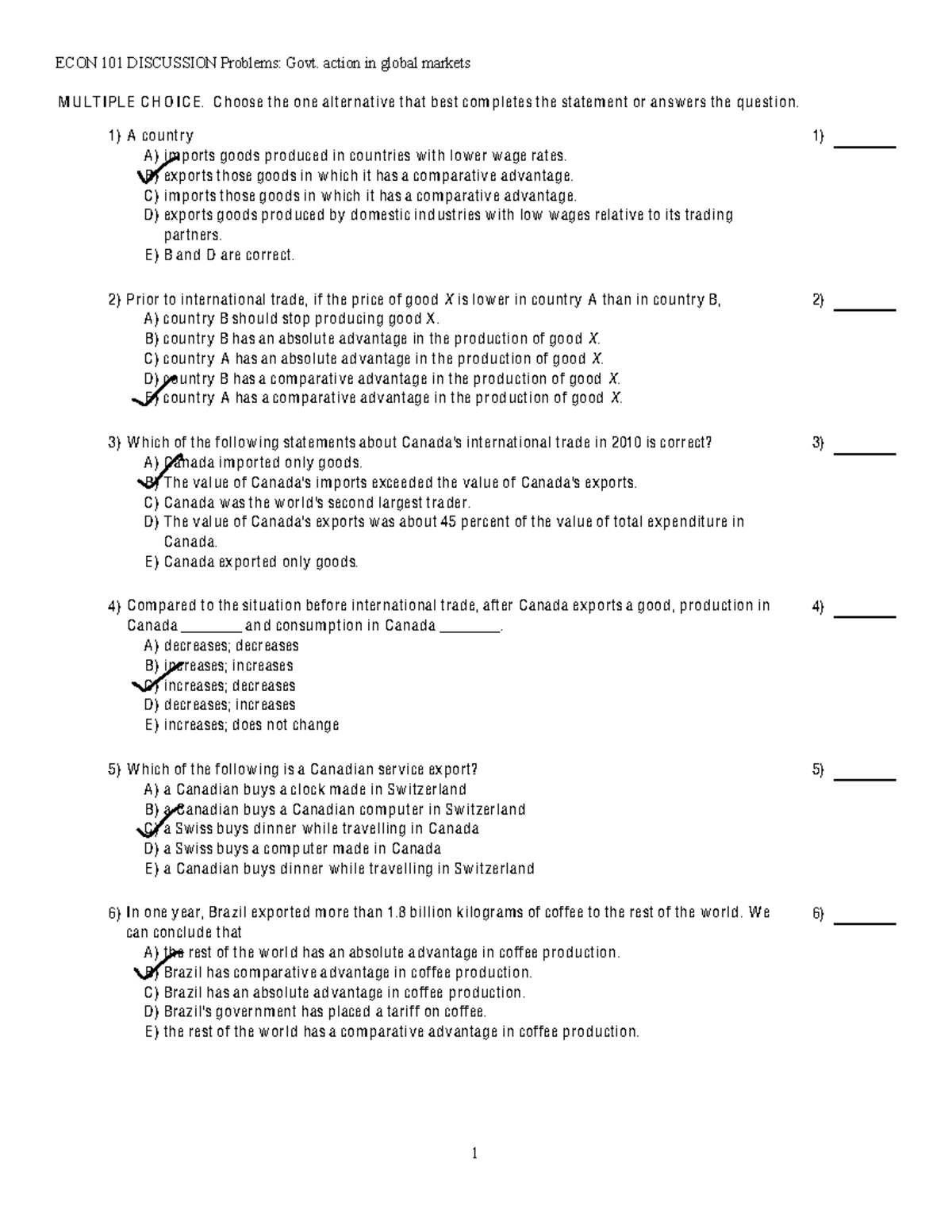 CH-7 Answer Key - ECON 101 DISCUSSION Problems: Govt. action in global ...