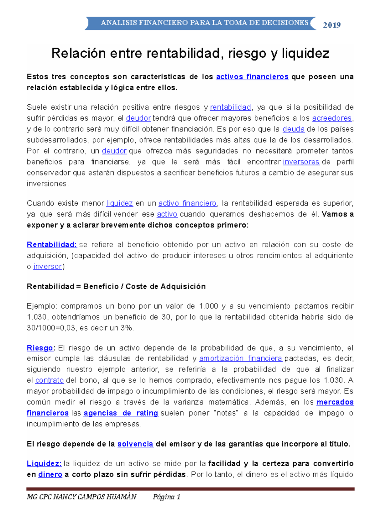 4 Relación Entre Rentabilidad, Riesgo Y Liquidez - Relación Entre ...