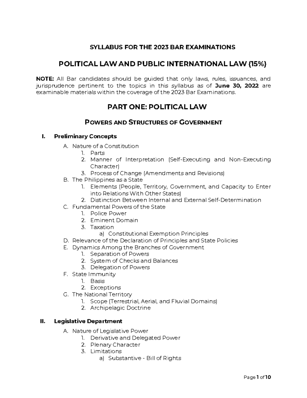 Political Law 2023 Bar Syllabus SYLLABUS FOR THE 2023 BAR EXAMINATIONS POLITICAL LAW AND