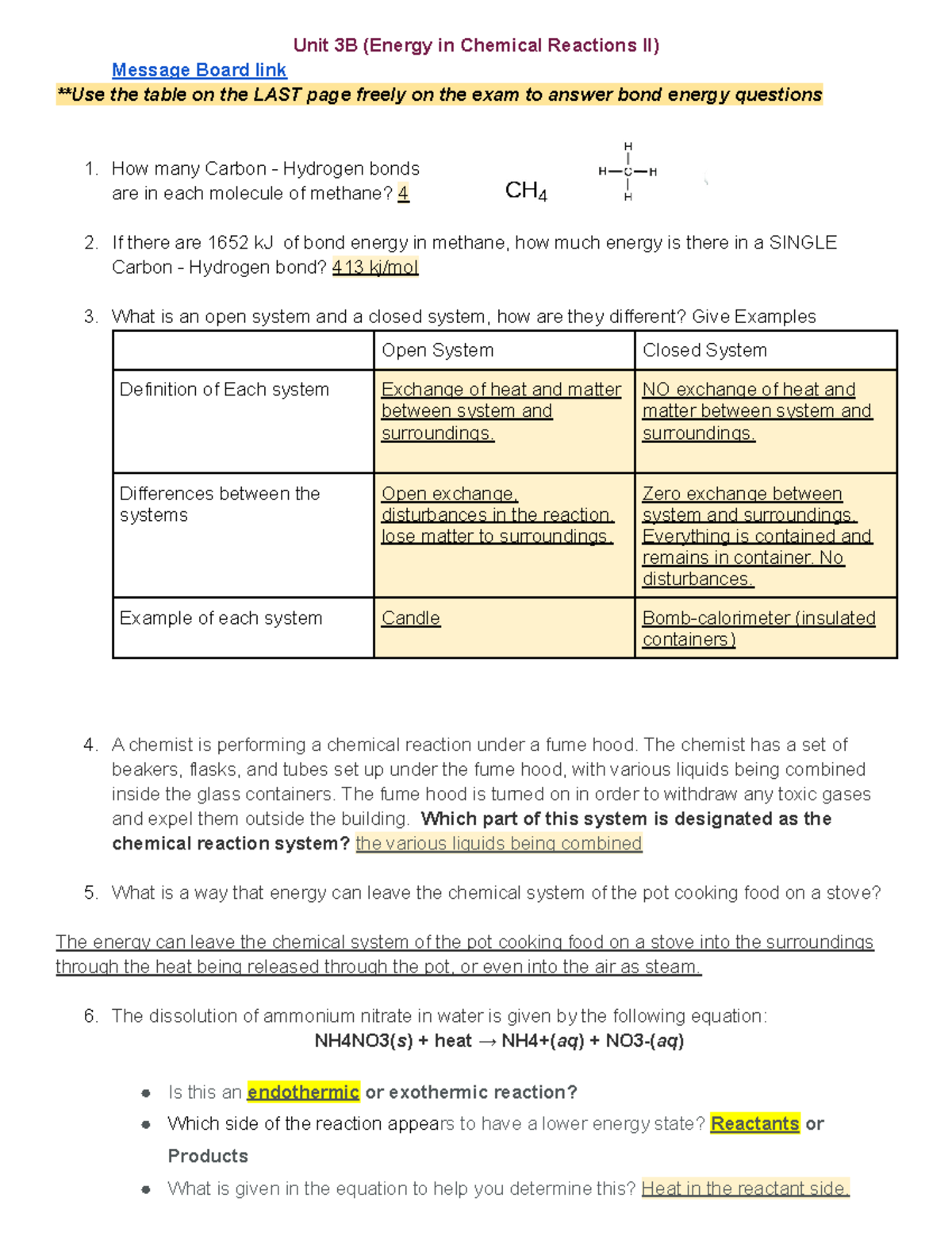 Chemistry 11 Unit 3 Study Guide - Unit 3b (energy In Chemical Reactions 