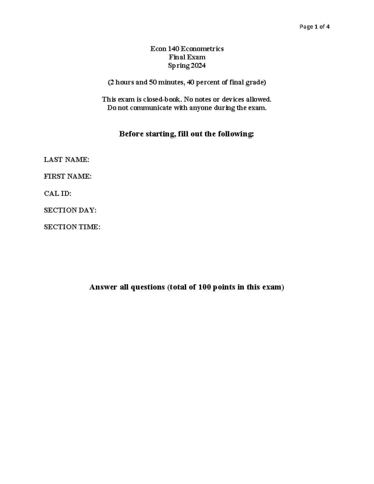 Practice Final Exam - Econ 140 Econometrics Final Exam Spring 2024 (2 ...