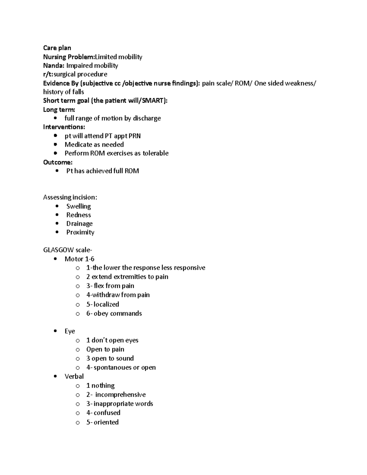lecture notessss Care plan Nursing Problem Limited mobility Nanda