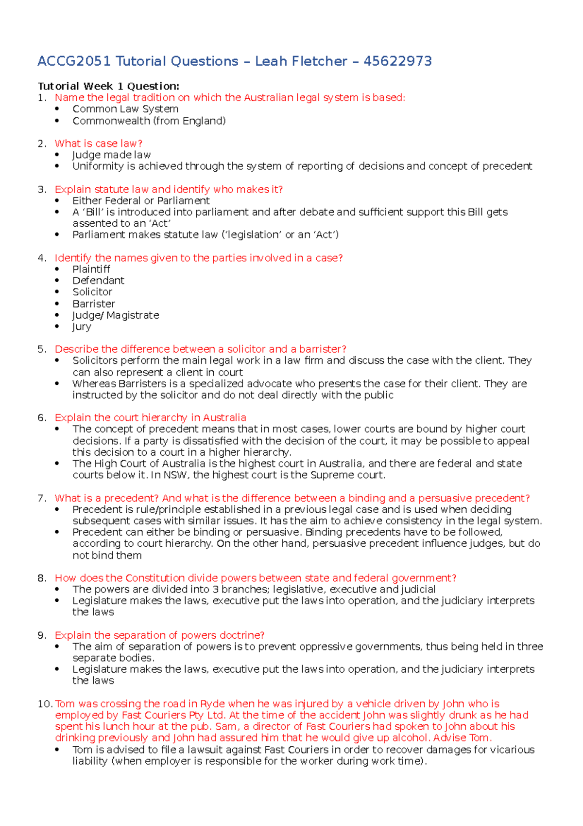 Business And Corporation Law Tutorial Questions Week 1 - ACCG2051 ...