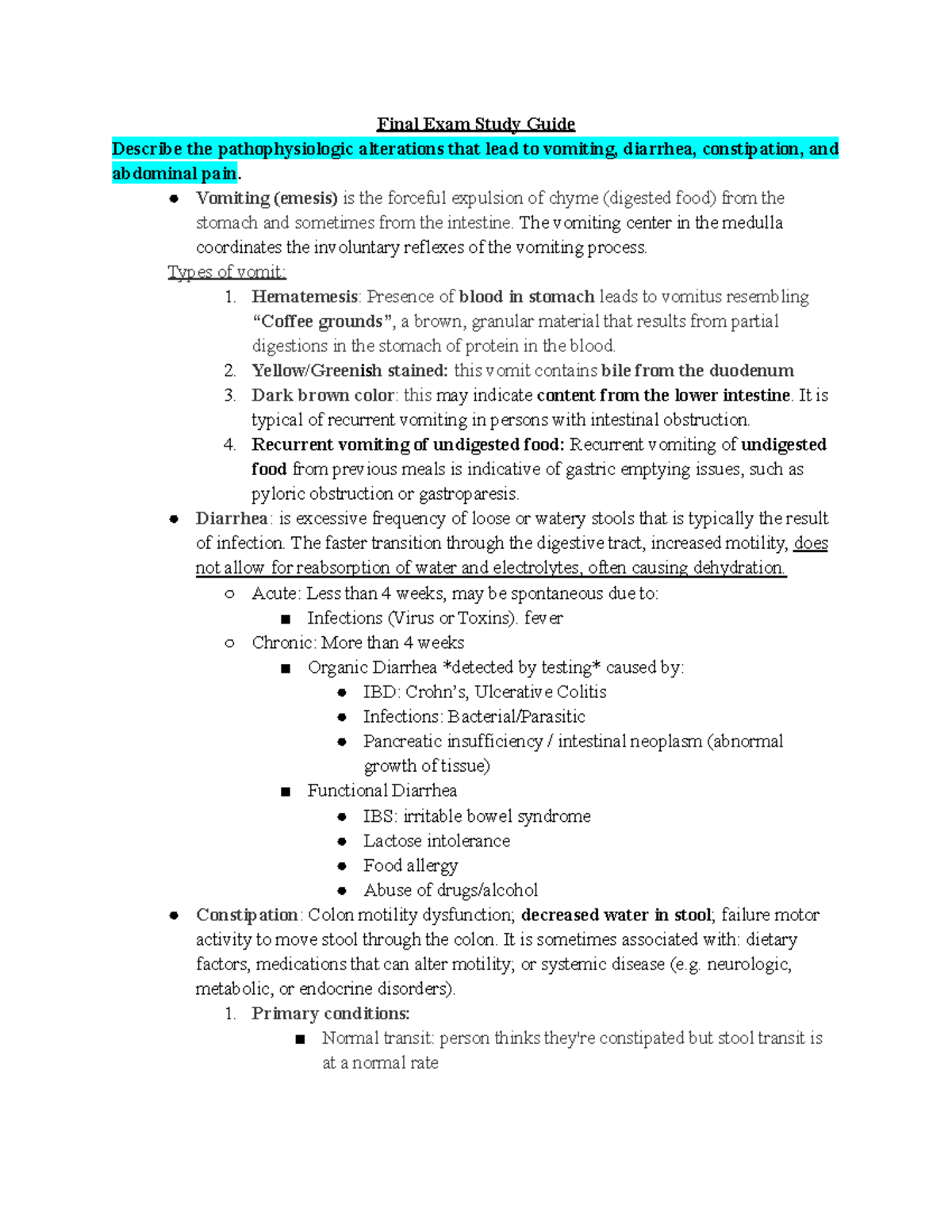 Final Exam Study Guide Pathophysiology Pt 1 - Final Exam Study Guide ...