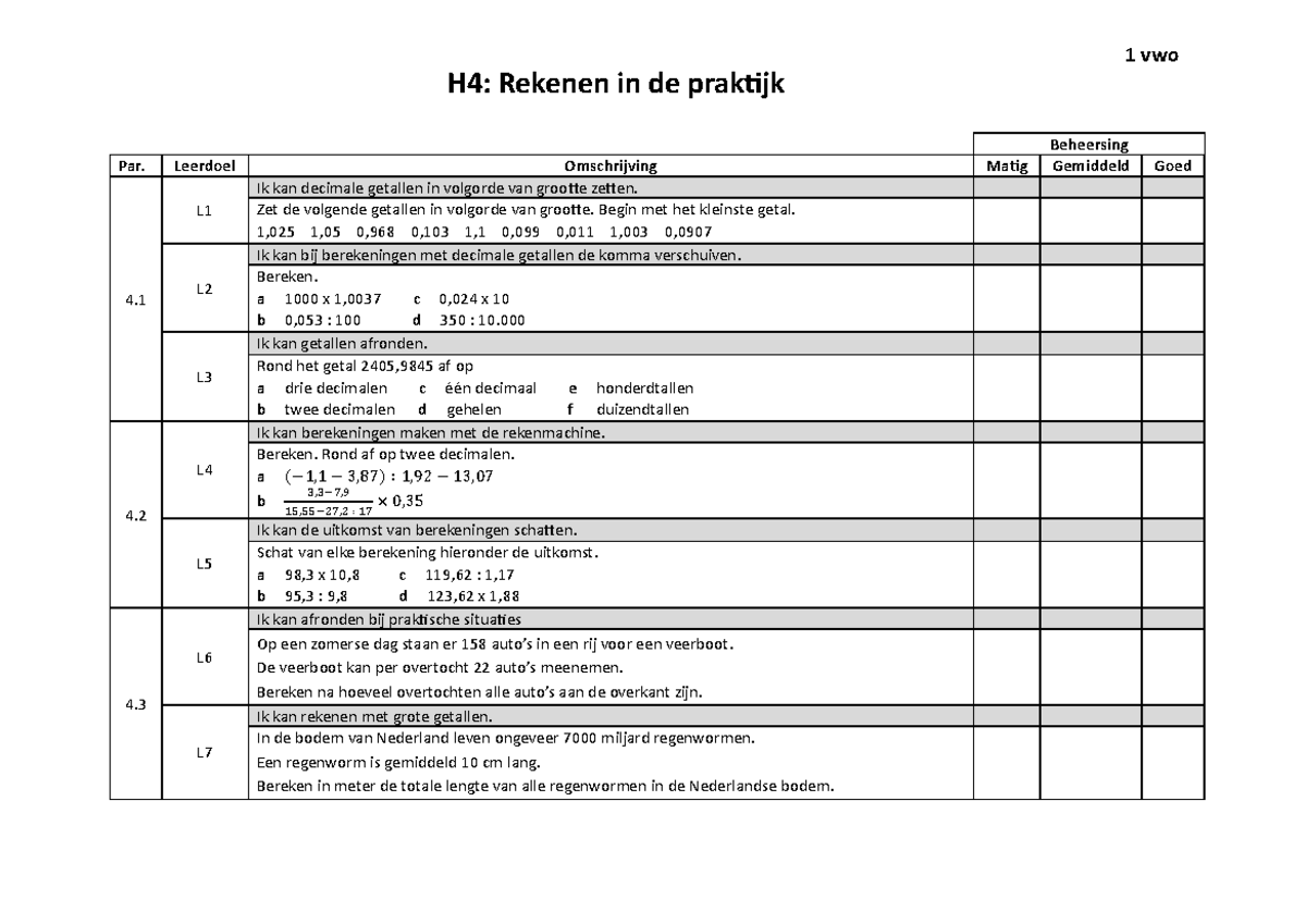 Leerdoelen H4 + H5 met antwoorden en uitwerkingen - Beheersing Par