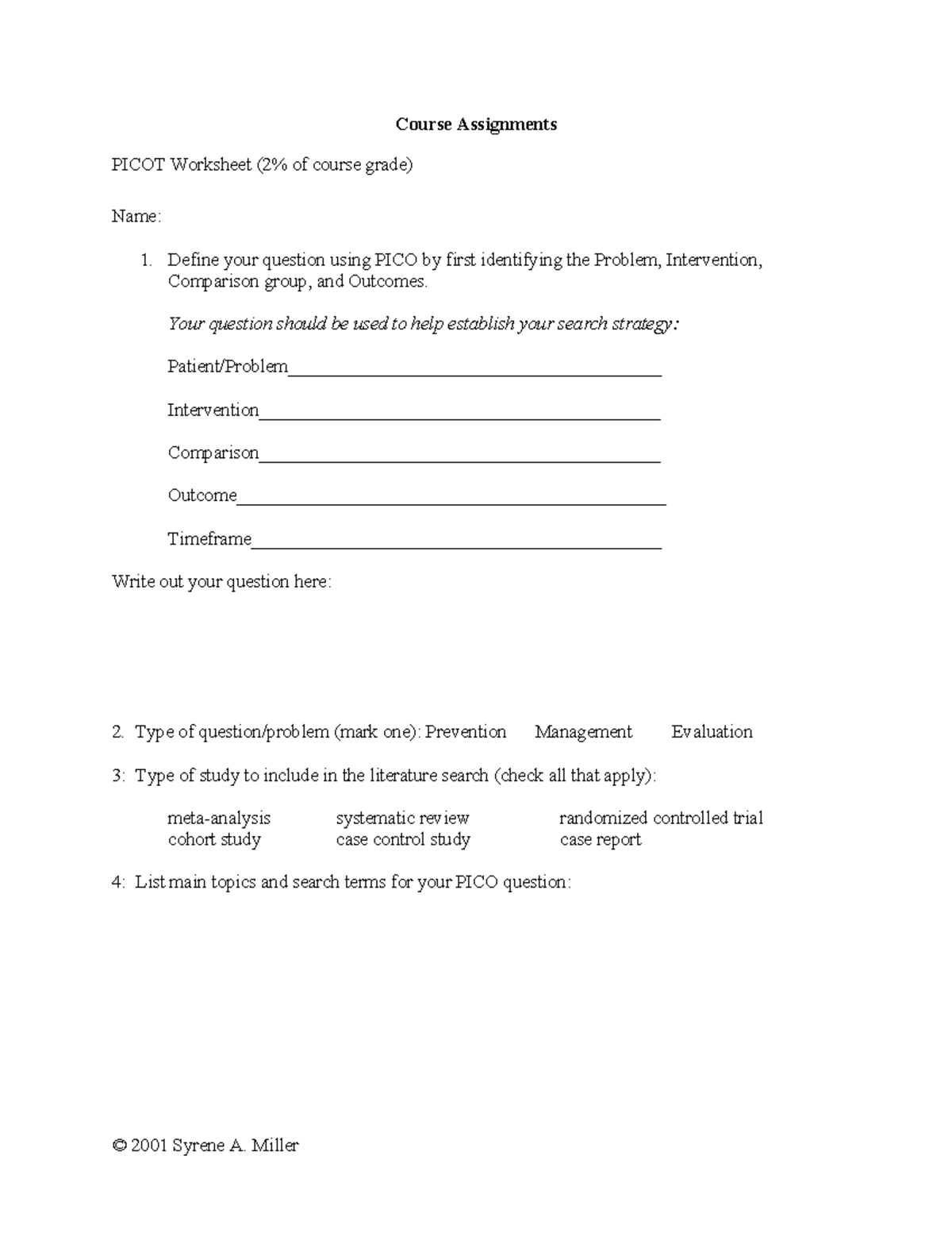 Picot Template - Course Assignments PICOT Worksheet (2% of course grade ...