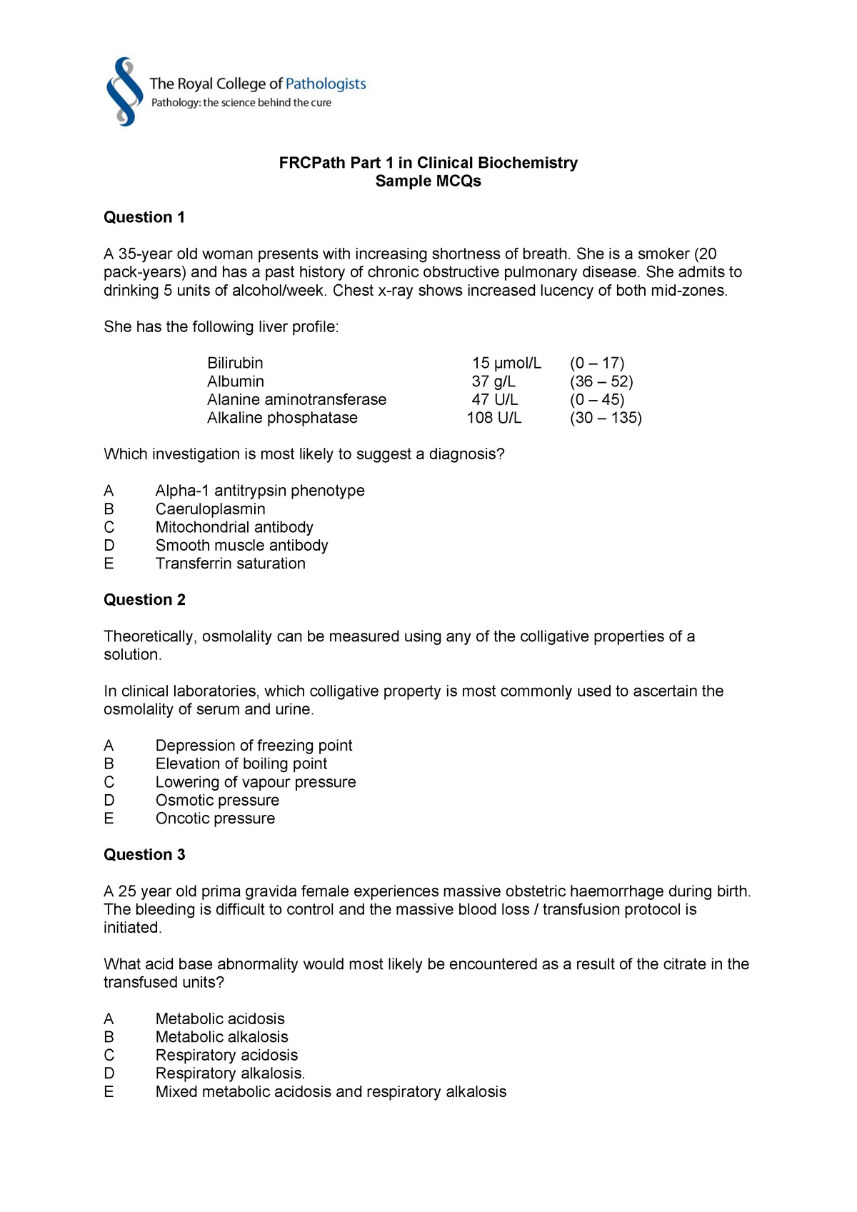 FRCPath Part 1 In Clinical Biochemistry Sample MCQs - FRCPath Part 1 In ...