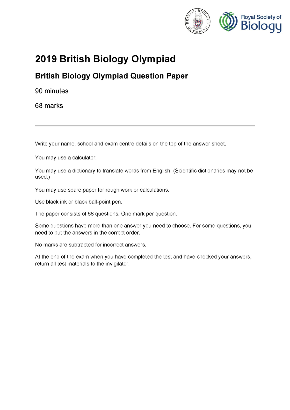 2019 BBO Paper - 2019 British Biology Olympiad British Biology Olympiad ...