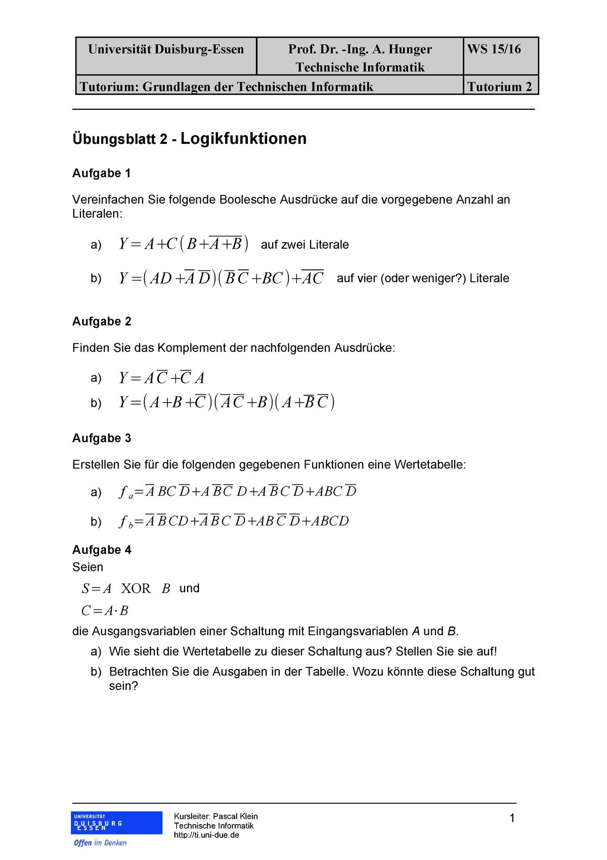 GTI Tutorium Blatt 02 - Universität Duisburg-Essen Prof. Dr. -Ing. A ...