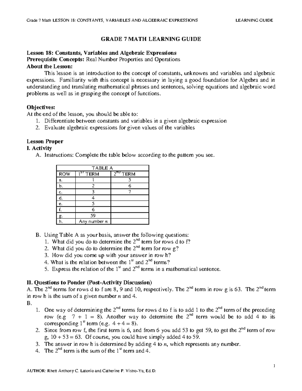 Constants variables final lg - 1 GRADE 7 MATH LEARNING GUIDE Lesson 18 ...