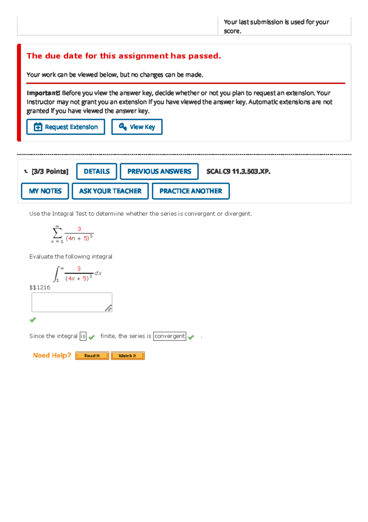 11.3 The Integral Test - Math 152, section 4, Spring 2023 Web Assign ...