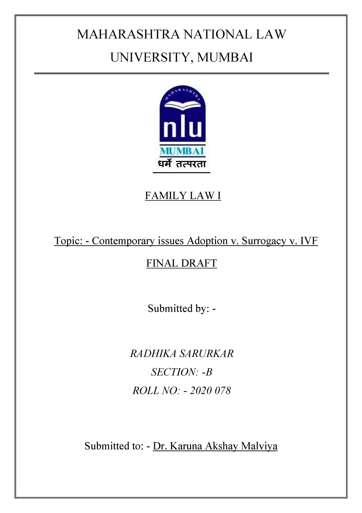 Family law I Assignment - MAHARASHTRA NATIONAL LAW UNIVERSITY, MUMBAI ...