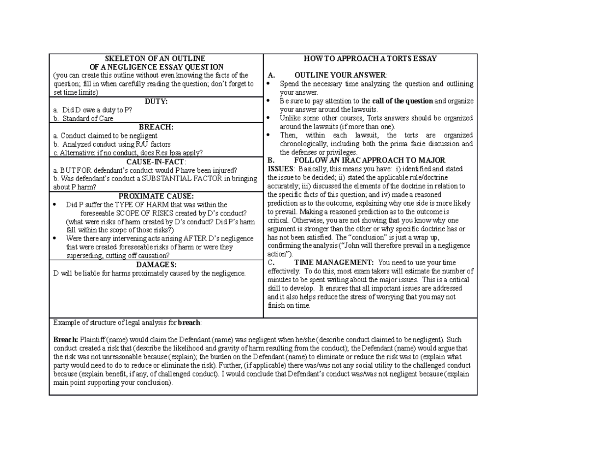 Cheat Sheet for Tort Exams - SKELETON OF AN OUTLINE OF A NEGLIGENCE ...
