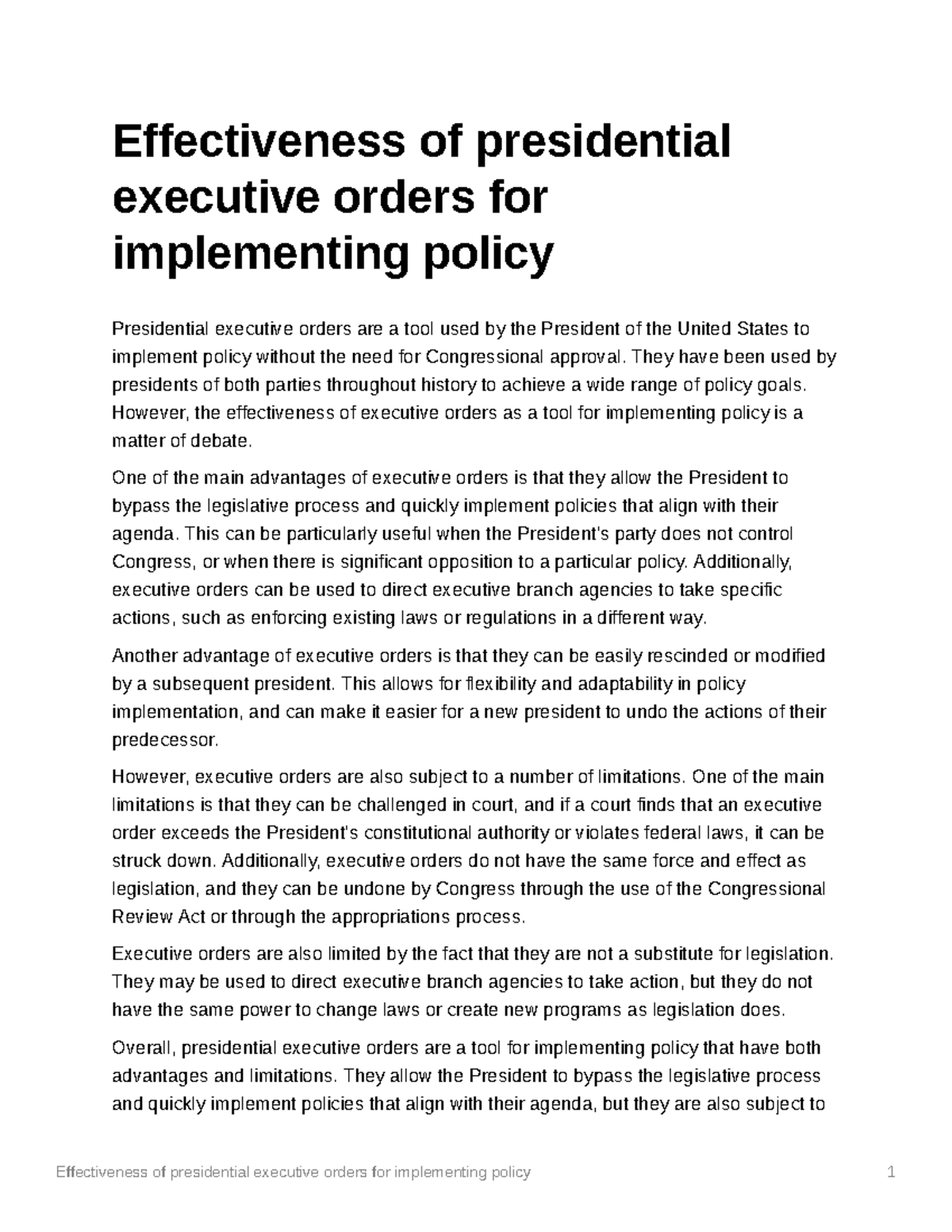 Effectiveness of presidential executive orders for implementing policy