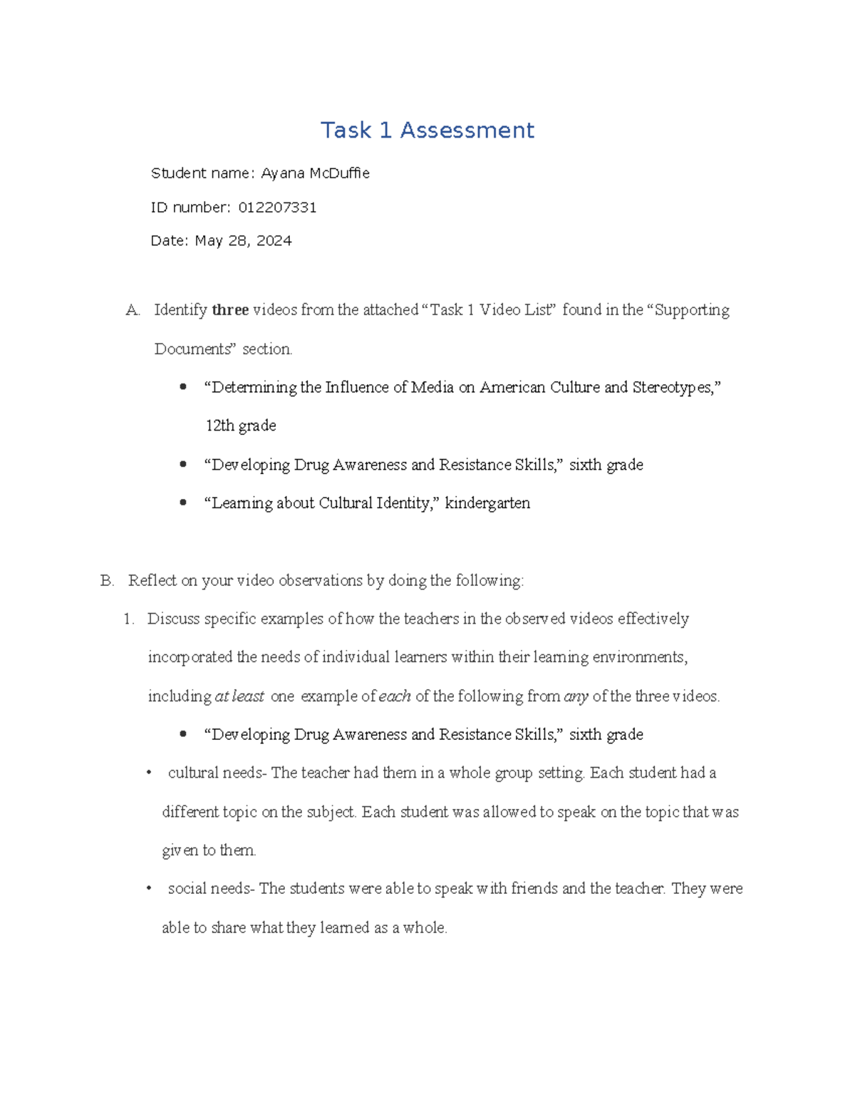 Task 1 Assessment Ayana Mc Duffie - Task 1 Assessment Student name ...