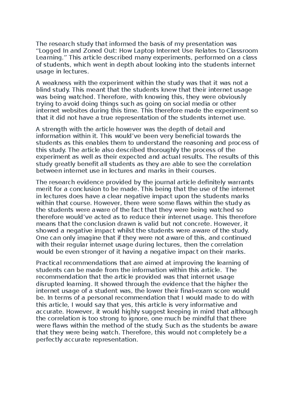 Report 2 - The research study that informed the basis of my ...