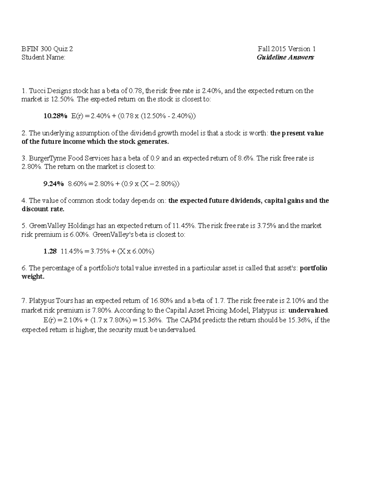 BFIN 300 15Fa Quiz 2 Guideline Answers - BFIN 300 Quiz 2 Student Name ...