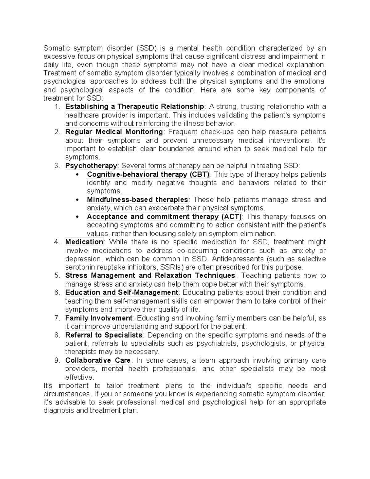 Somatic symptom disorder - Treatment of somatic symptom disorder ...