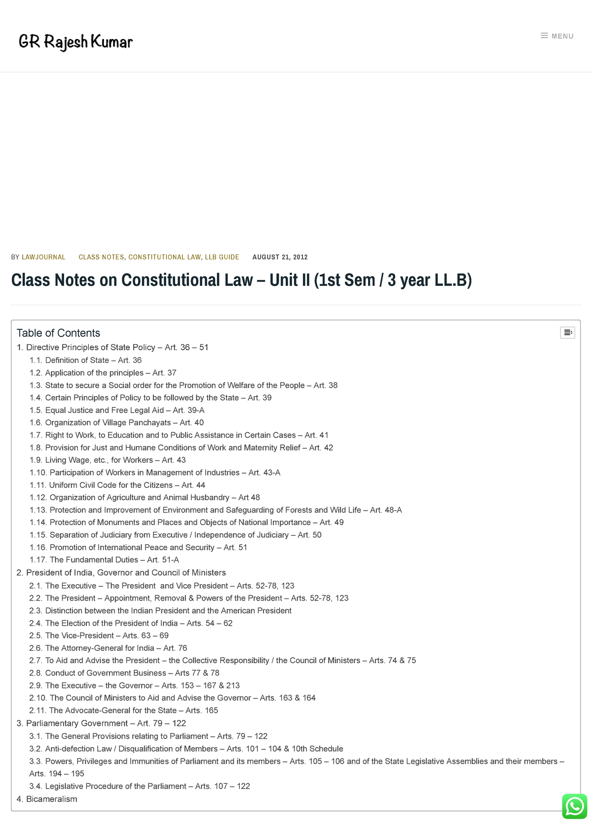 Class Notes On Constitutional Law – Unit II (1st Sem 3 Year LL.B) - Adv ...