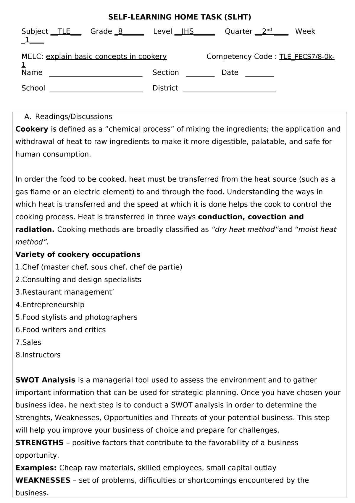 SLHT Cookery Week 1 - DepEd - SELF-LEARNING HOME TASK (SLHT) Subject ...