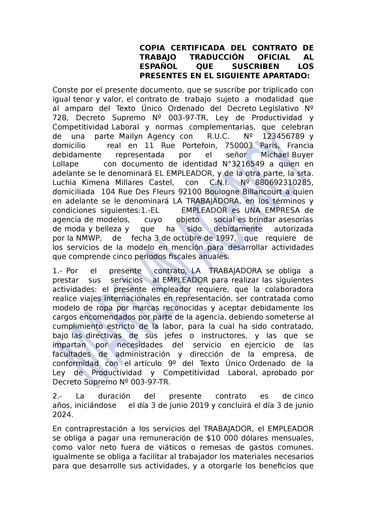 Contrato Modelaje Copia Certificada Del Contrato De Trabajo TraducciÓn Oficial Al EspaÑol Que 7639