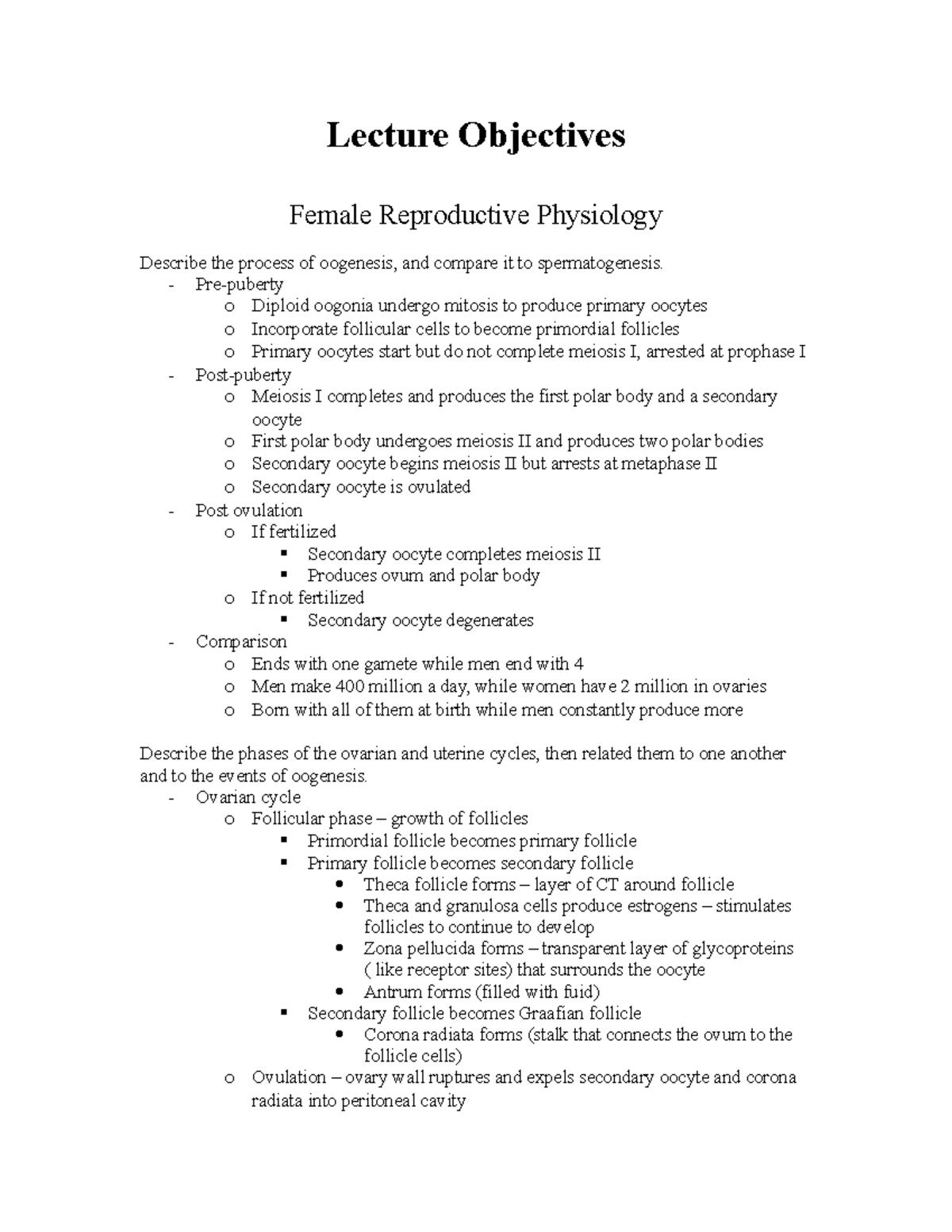 Repro 2 - Lecture Objectives Female Reproductive Physiology Describe ...