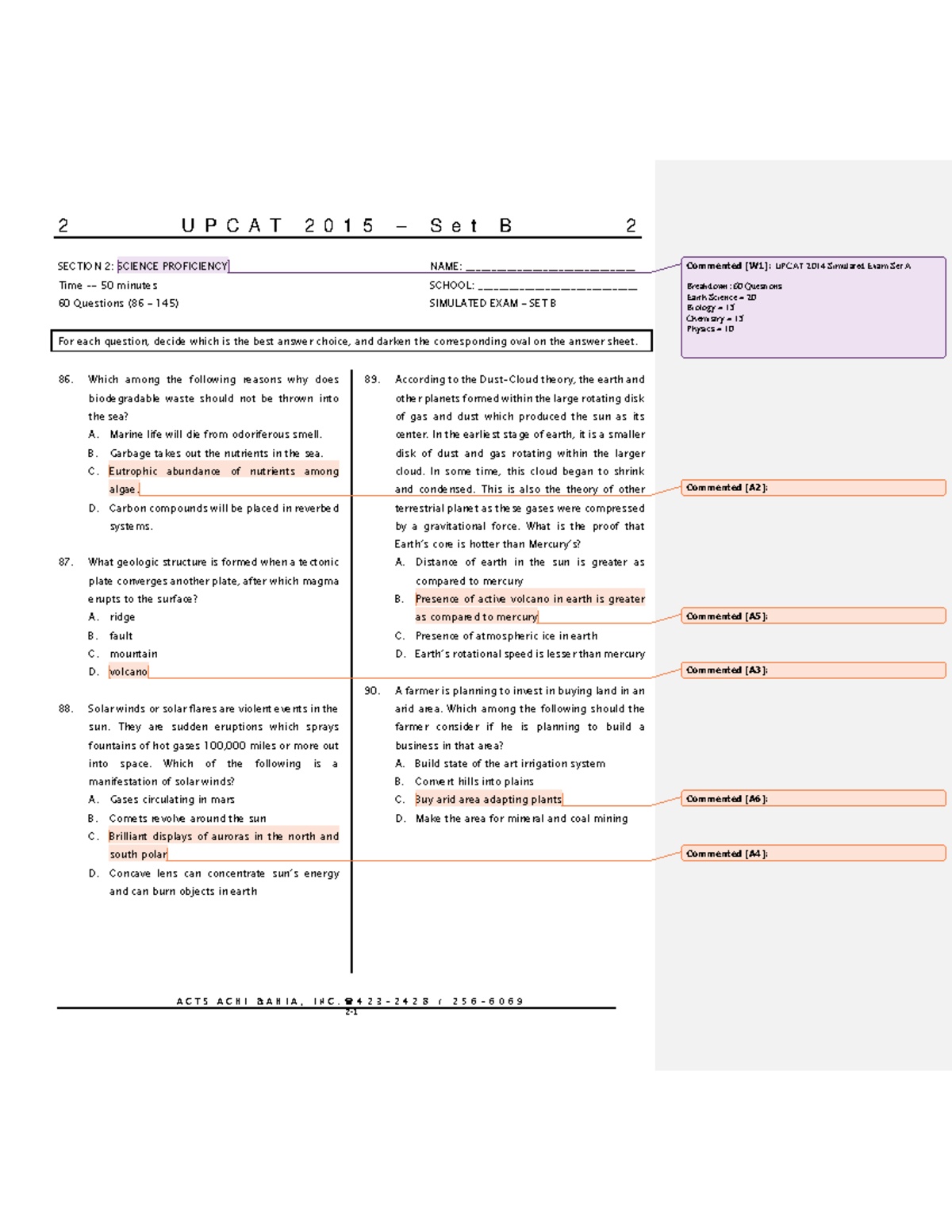 Upcat-2015 SET-B Science- Proficiency - A C T S A C H I & A H I A , I N ...