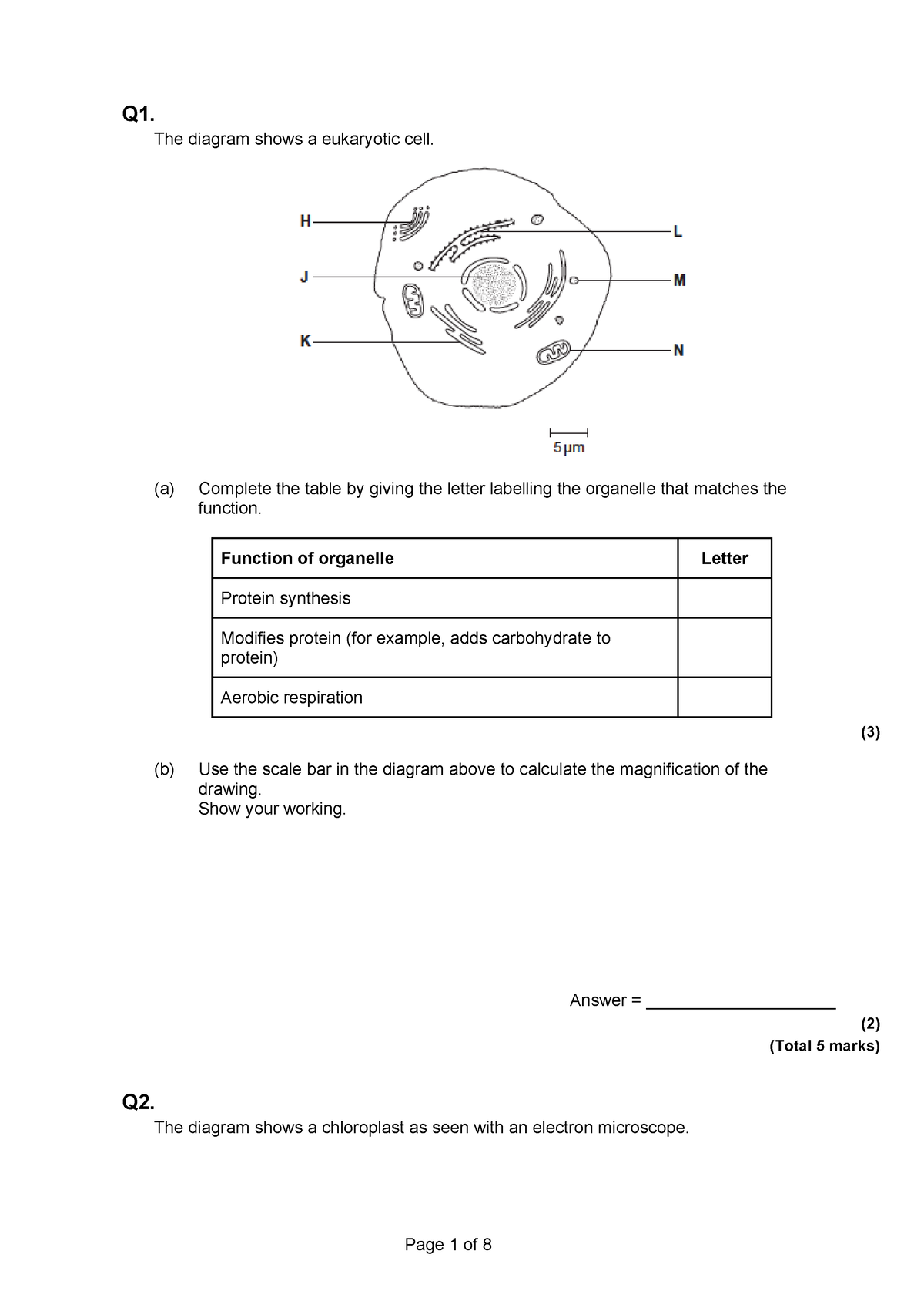 Cell Structure Test - Test On Cells - Q1. The Diagram Shows A ...