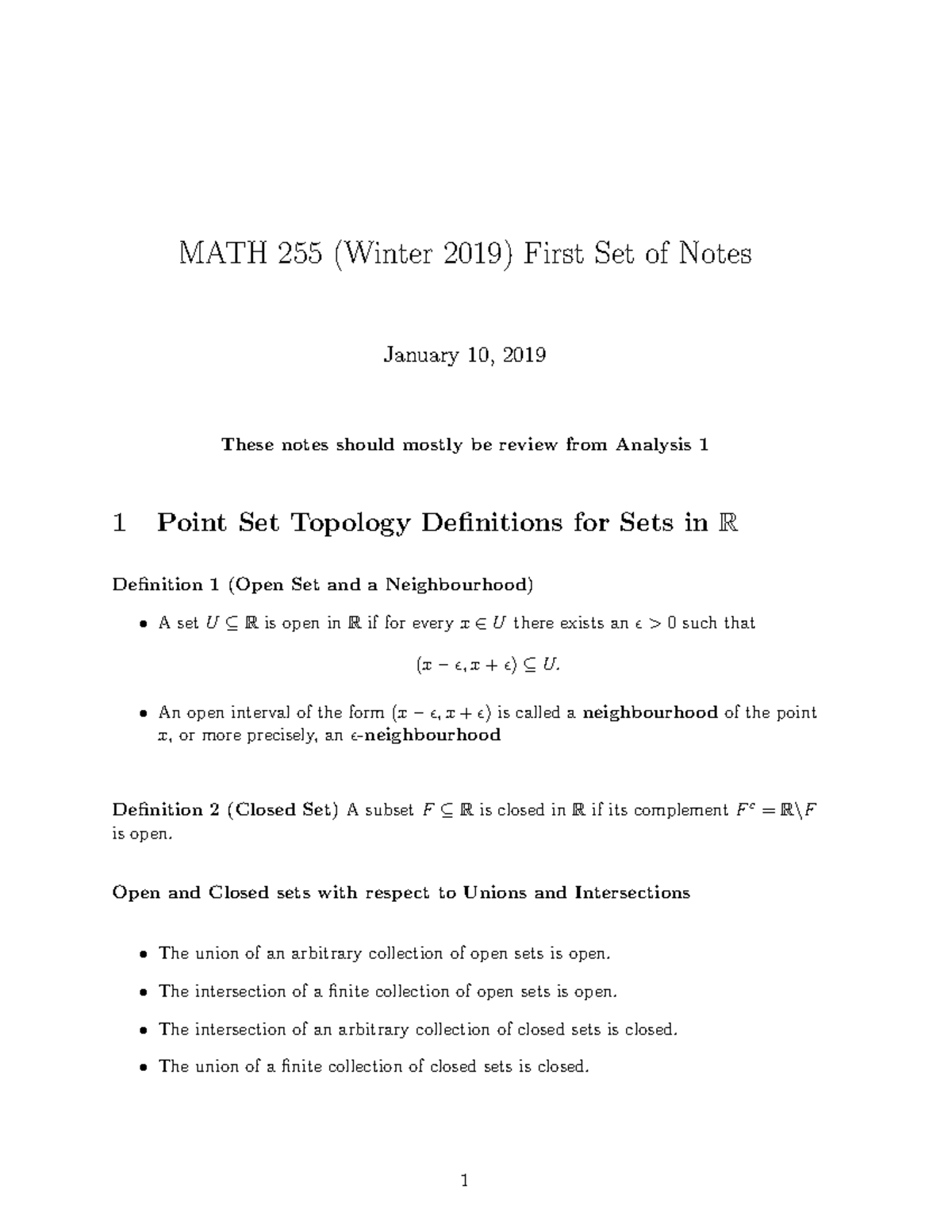 Notes Lecture 1 W2018 - MATH 255 (Winter 2019) First Set of Notes ...