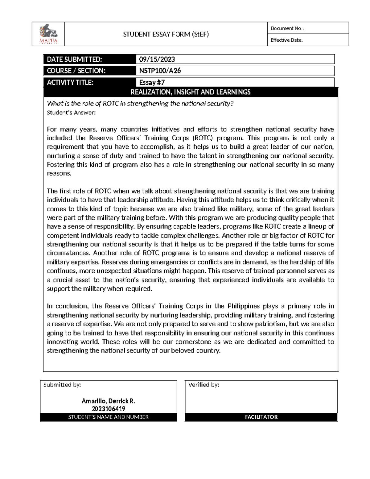 Form - NSTP1 00 Essay #7 - go, use as reference only - STUDENT ESSAY ...