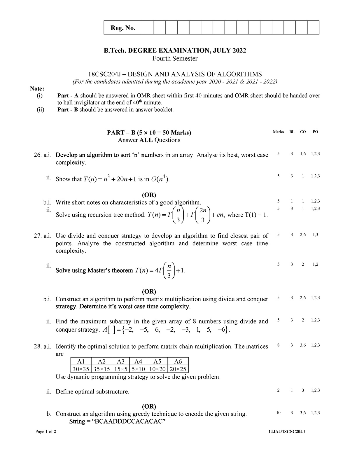 Daa Question Paper - EASY - Page 1 Of 2 14JA4/18CSC204J Reg. No. B ...