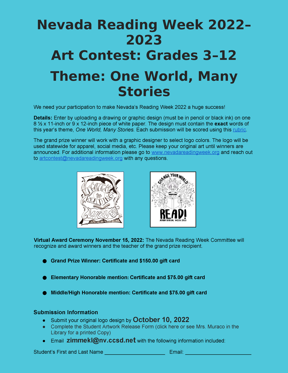 Student Art Contest Flyer Nevada Reading Week 2022 2023 Art Contest