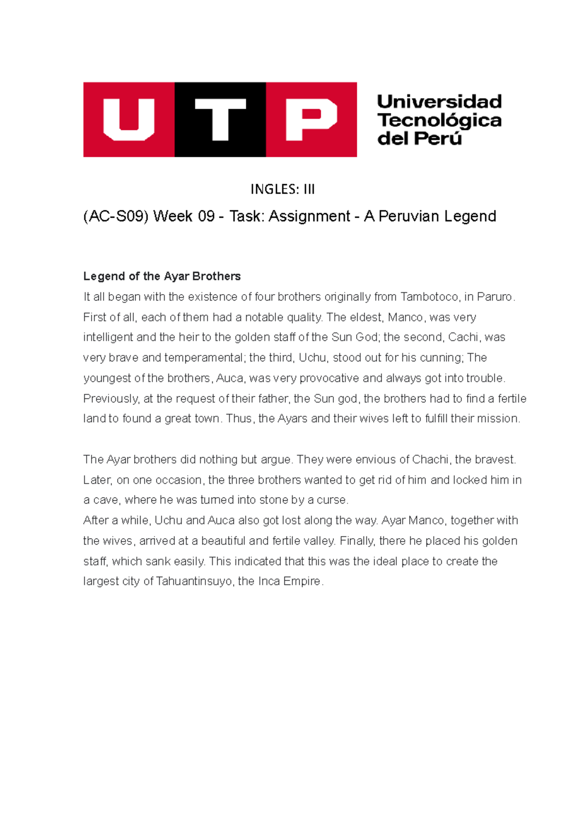 task assignment a peruvian legend