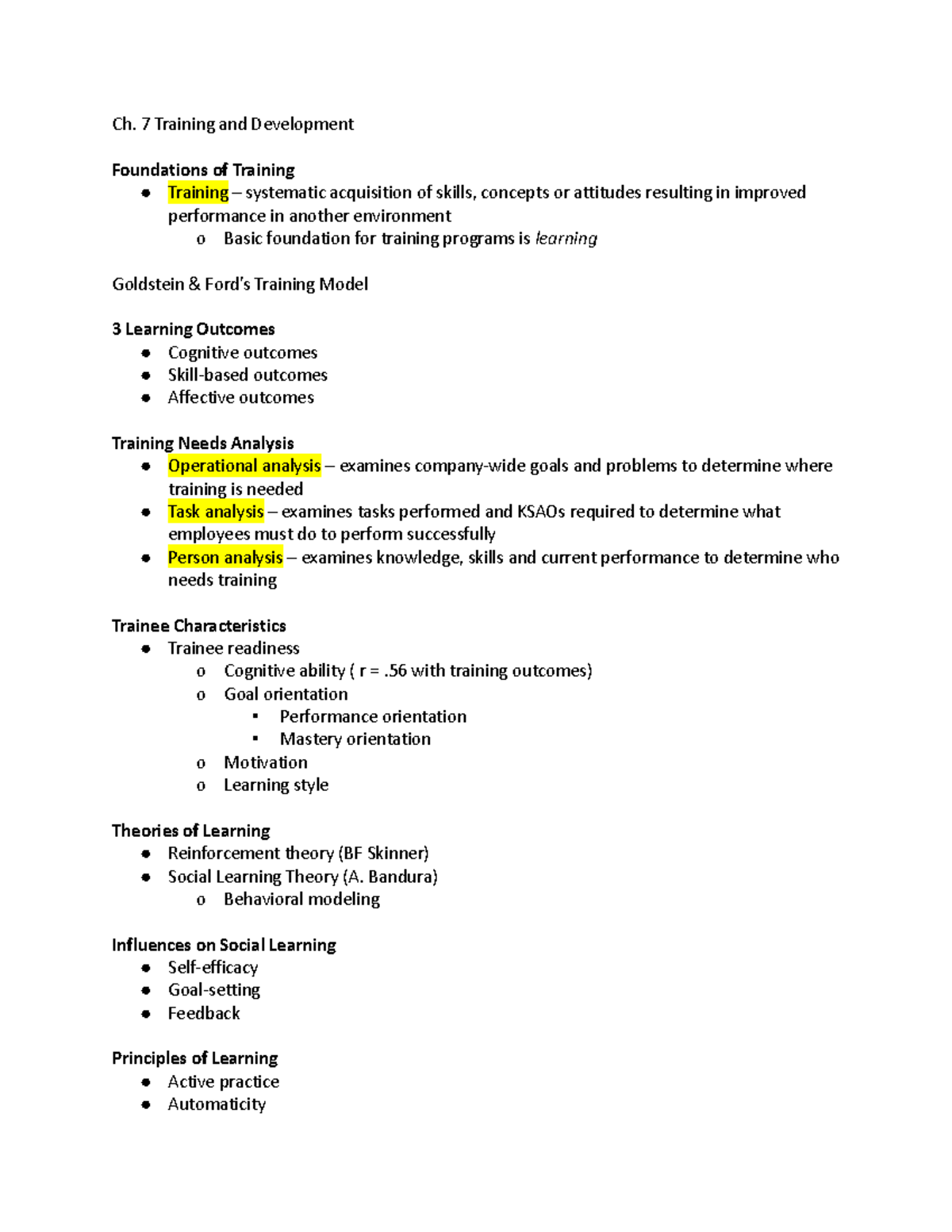 Copy of Ch. 7 Notes 2 - Ch. 7 Training and Development Foundations of ...