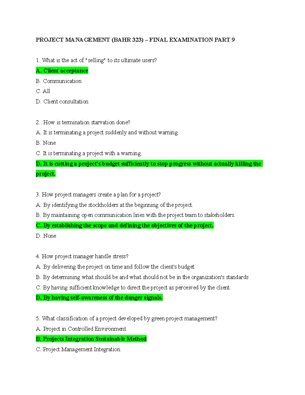 Project Management (BAHR 323) – Final Examination PART 9 - PROJECT ...