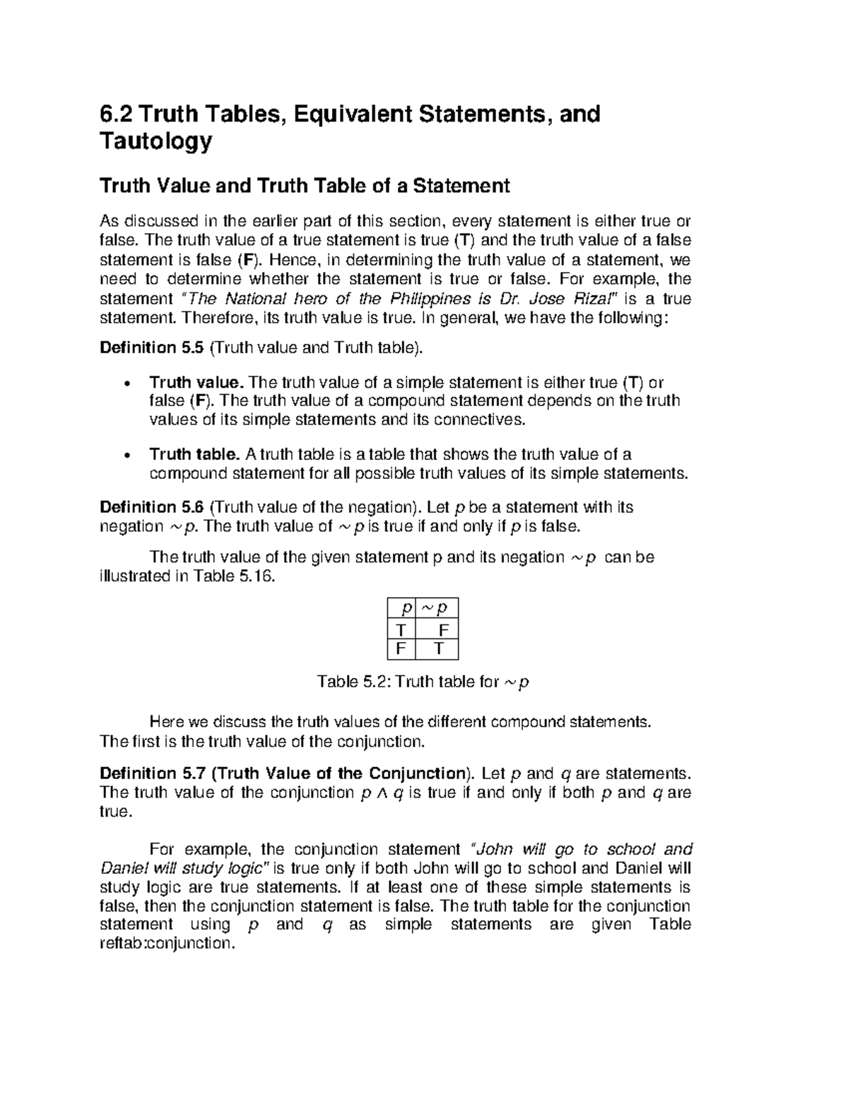 Lesson 6 mmmwwww gm math 6 Truth Tables, Equivalent Statements, and