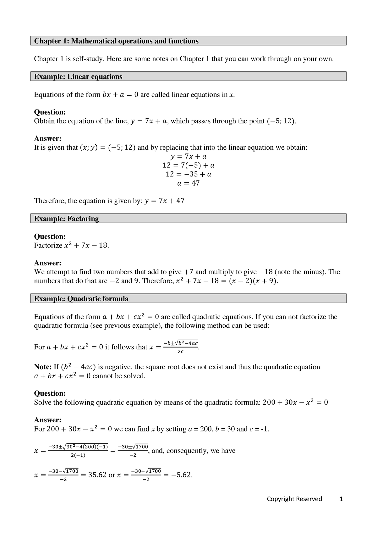 Mathematical Operations and Functions - Copyright Reserved 1 Chapter 1 ...