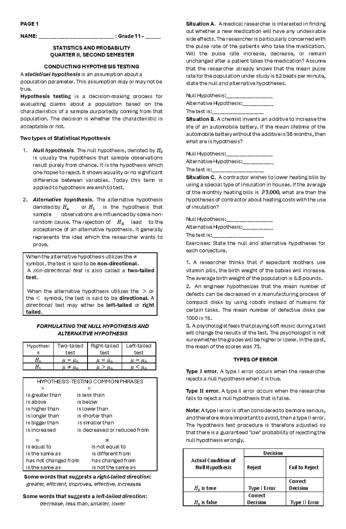 Hypothesis Testing for students - PAGE 1 NAME ...