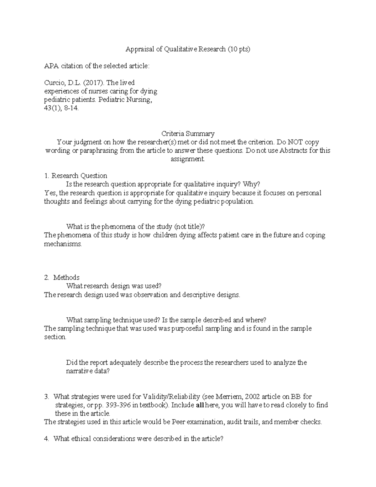 Qual worksheet nursing research - Appraisal of Qualitative Research (10 ...