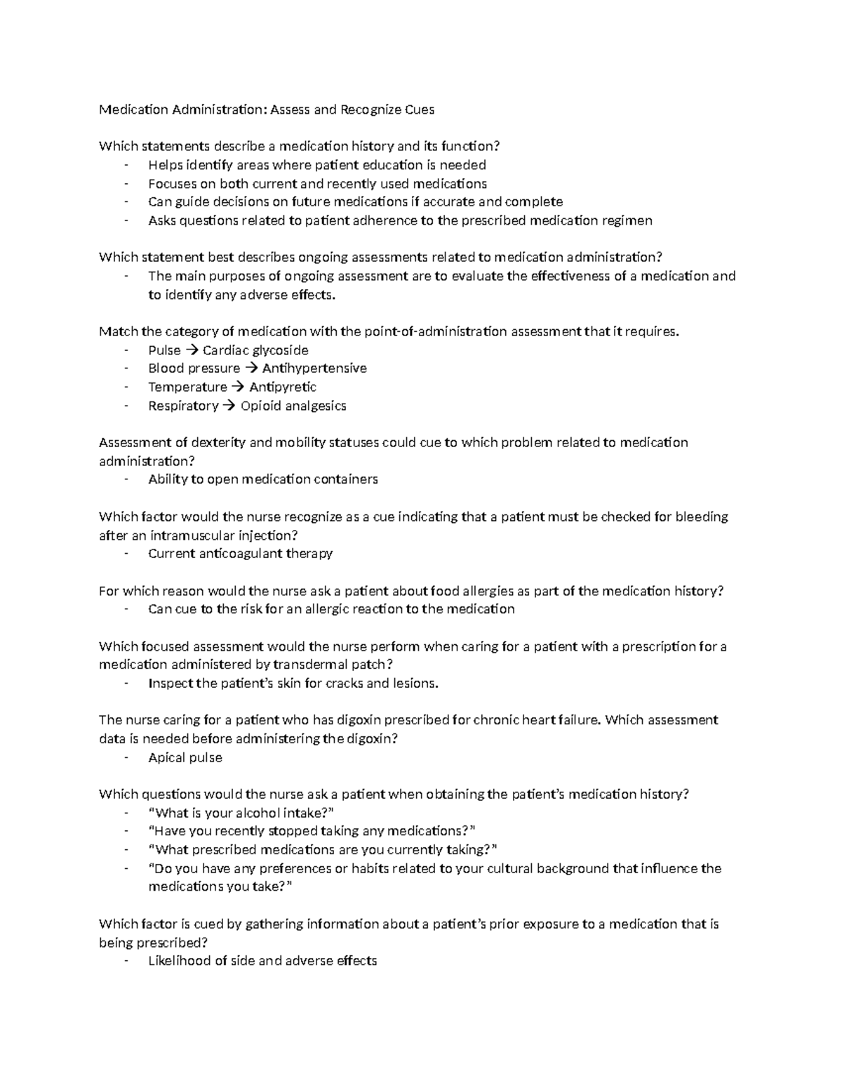 Bsn Medication Administration Assess And Recognize Cues Medication