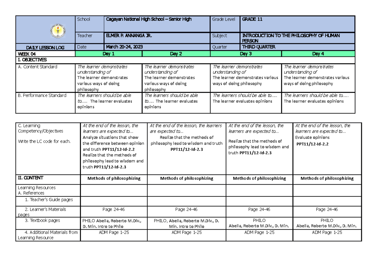 Social Studies Year 1 - School Cagayan National High School – Senior 