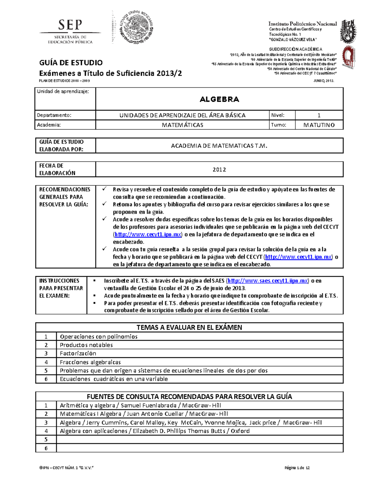 Guia De Estudio De La Asignatura Algebra I M103 Ipn Studocu