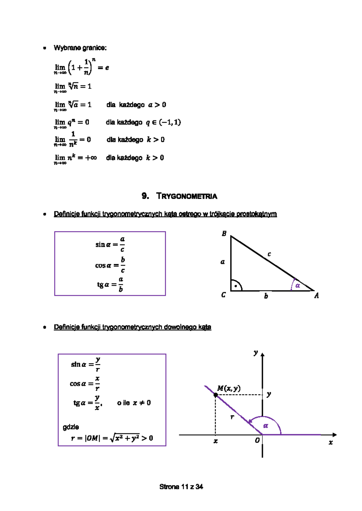 Trygonometria Wzory Na Matur Wybrane Granice Lim Lim Lim Dla 