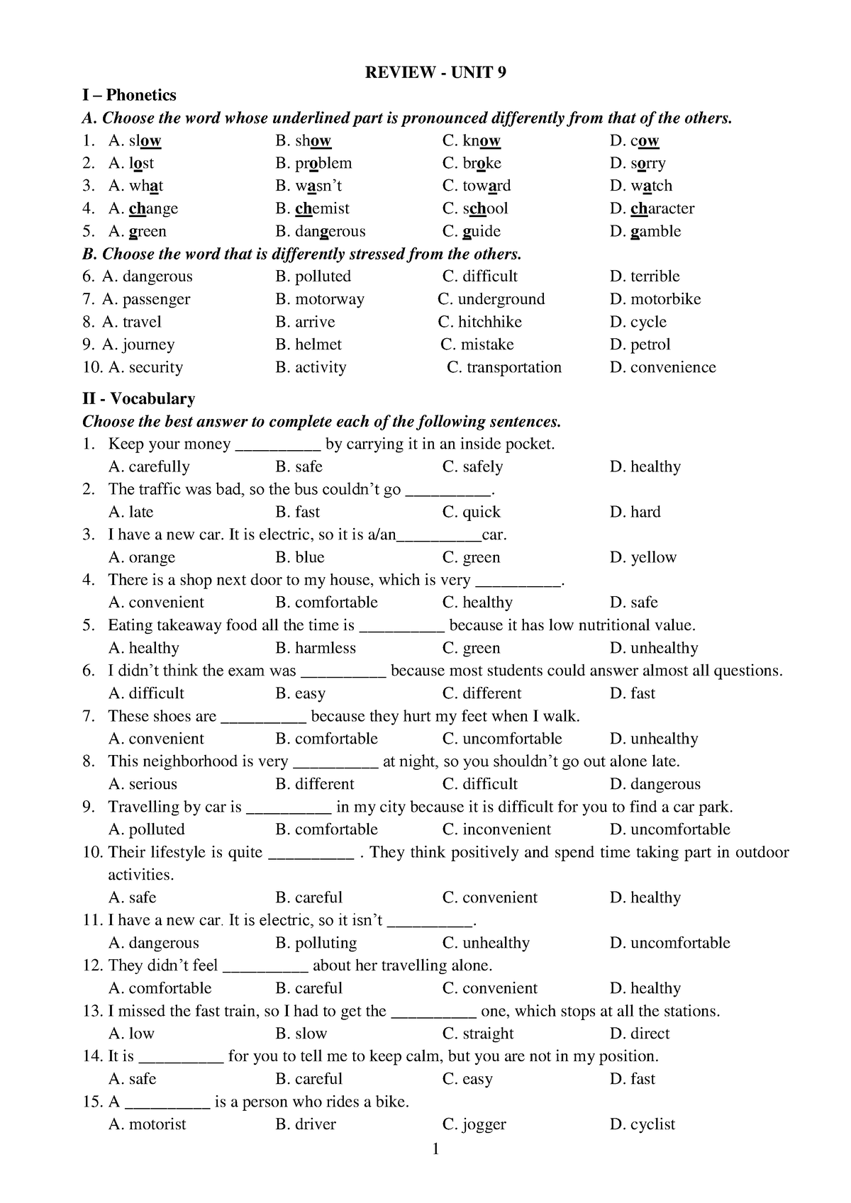 Review Unit 9 - okcqwertyu - REVIEW - UNIT 9 I – Phonetics A. Choose ...