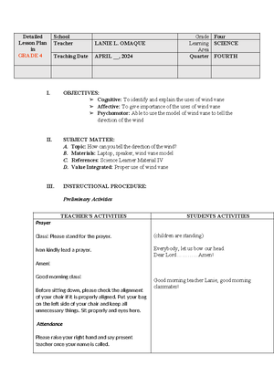 Detailed lesson plan in Science 4 - Marjun - Detailed Lesson Plan in ...