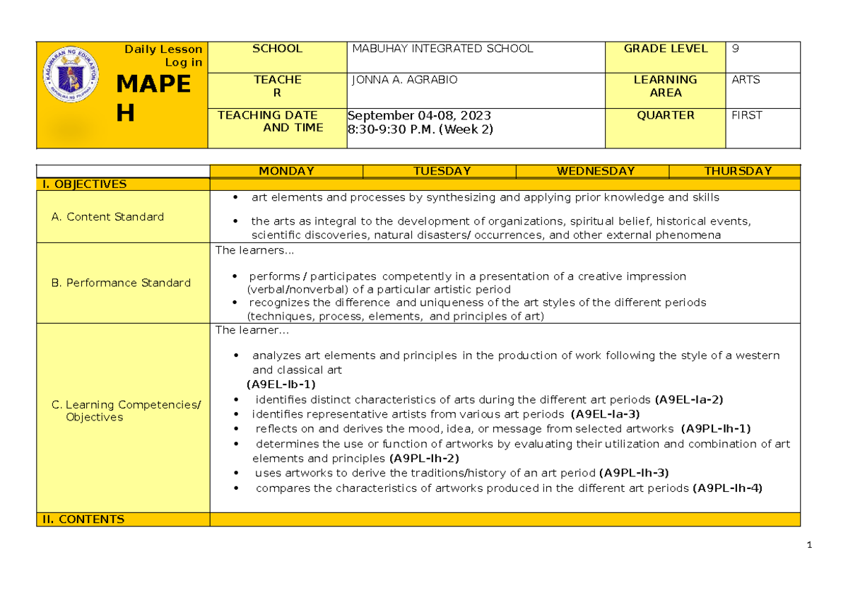 Q1 Grade 9 ARTS DLL-Week 2 - Daily Lesson Log in MAPE H SCHOOL MABUHAY ...